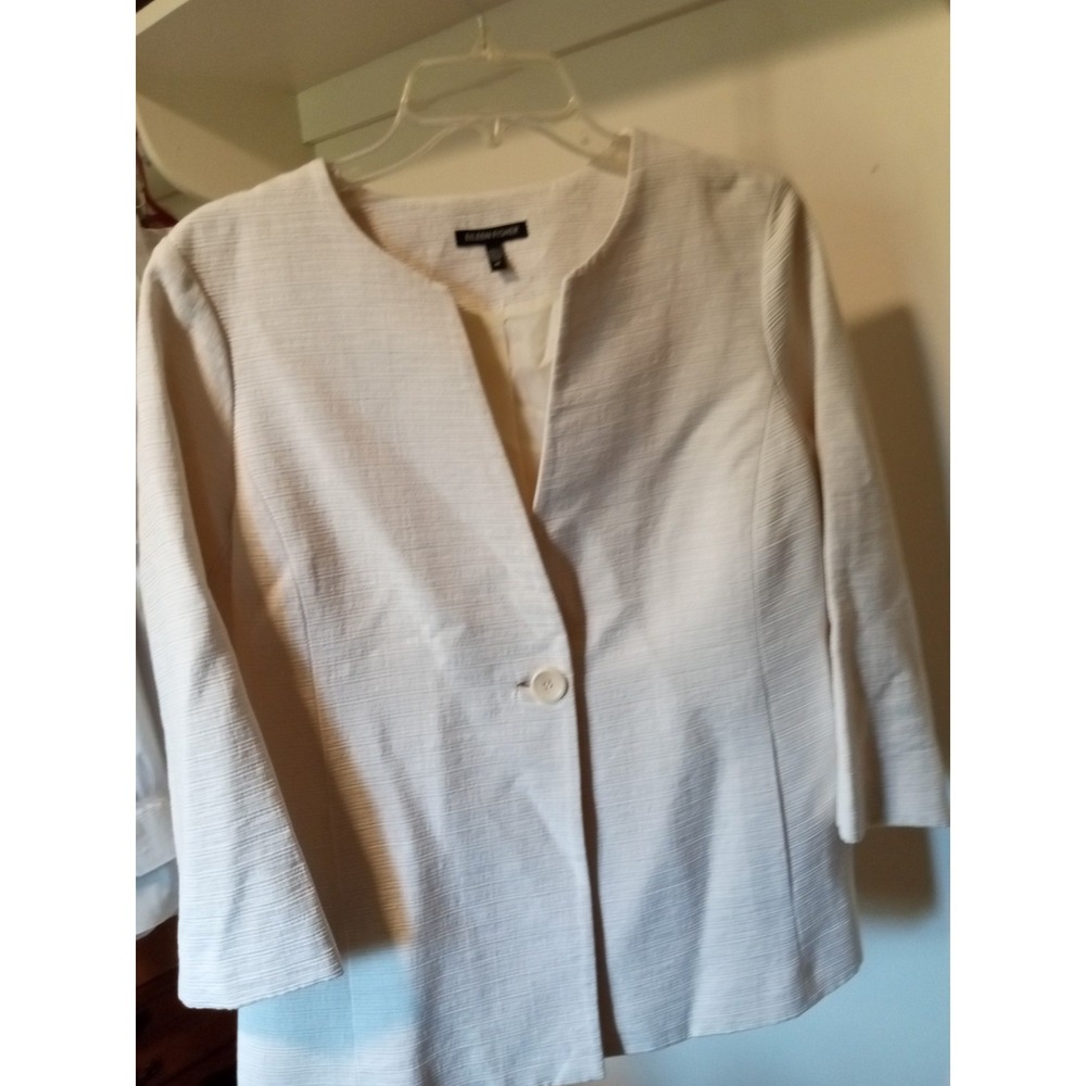 Eileen Fisher Womens Cream Textured Ribbed Single Button Blazer Jacket Size M